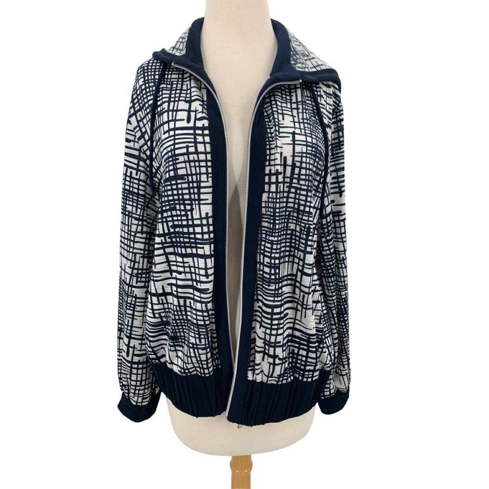 Chico's Womens‎ LS Zip Front Hooded Jacket Navy/White Geometric Size 2/Large